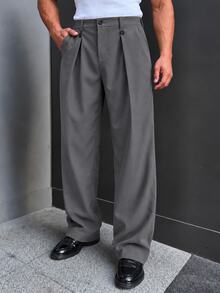 Manfinity Bizformal Men's Casual Pleated Pocket Suit Pants, Loose Fit For Daily Wear - Dark Grey - View 6