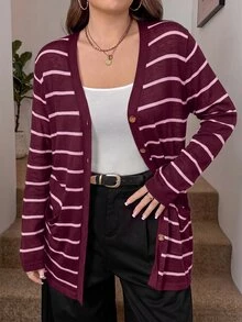 SHEIN LUNE 大尺碼女款純色秋冬黑白針織開襟衫，附口袋，適合度假穿搭、辦公正式場合、俱樂部約會、居家睡衣，波希米亞休閒軟綿款 - 酒紅色 - 查看 4