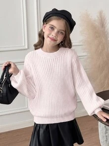 SHEIN 青少年女孩休閒純色圓領長袖針織毛衣，秋冬款，時尚保暖紋理針織衫 - 粉色 - 查看 6