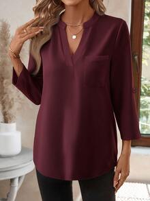 EMERY ROSE Blus Elegan Wanita Warna Polos Minimalis dengan Saku untuk Kantor - Burgundy - View 6