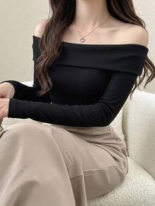 DAZY 女款純色露肩休閒日常長袖T恤 秋季 - 黑色 - 查看 9