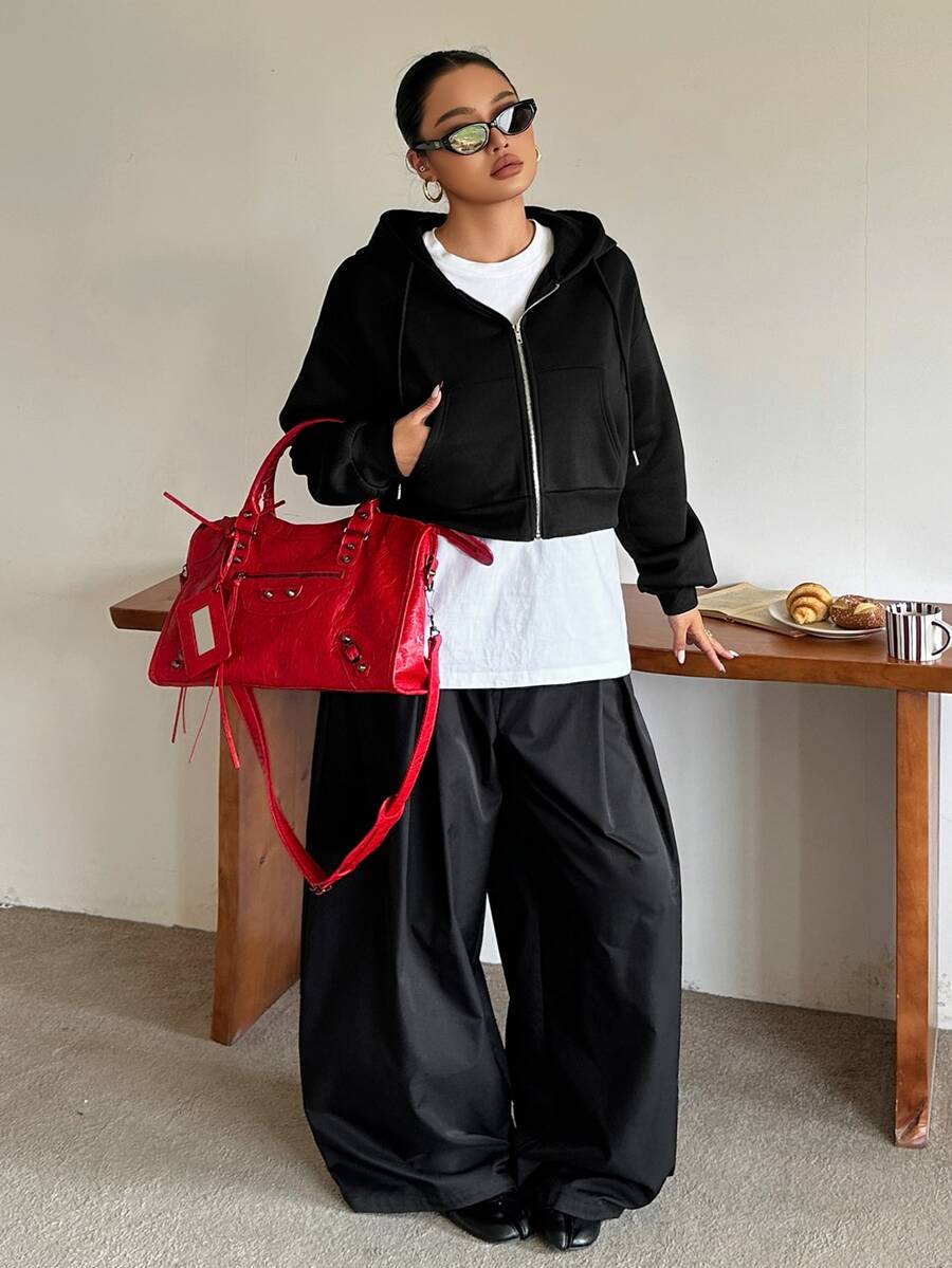 Dazy Plus Korean Style Hooded Short Fleece Sweatshirt Going Out Vacation Black Fall Casual Streetwear - Black - View 1