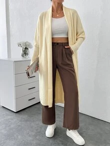 SHEIN كارديجان نسائي ماكسي فضفاض كاجوال بتصميم بسيط - لون مشمشي - مشاهدة 1