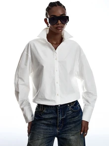 LYSMO Solid Drop Shoulder Oversize Button Front Shirt - White - View 6