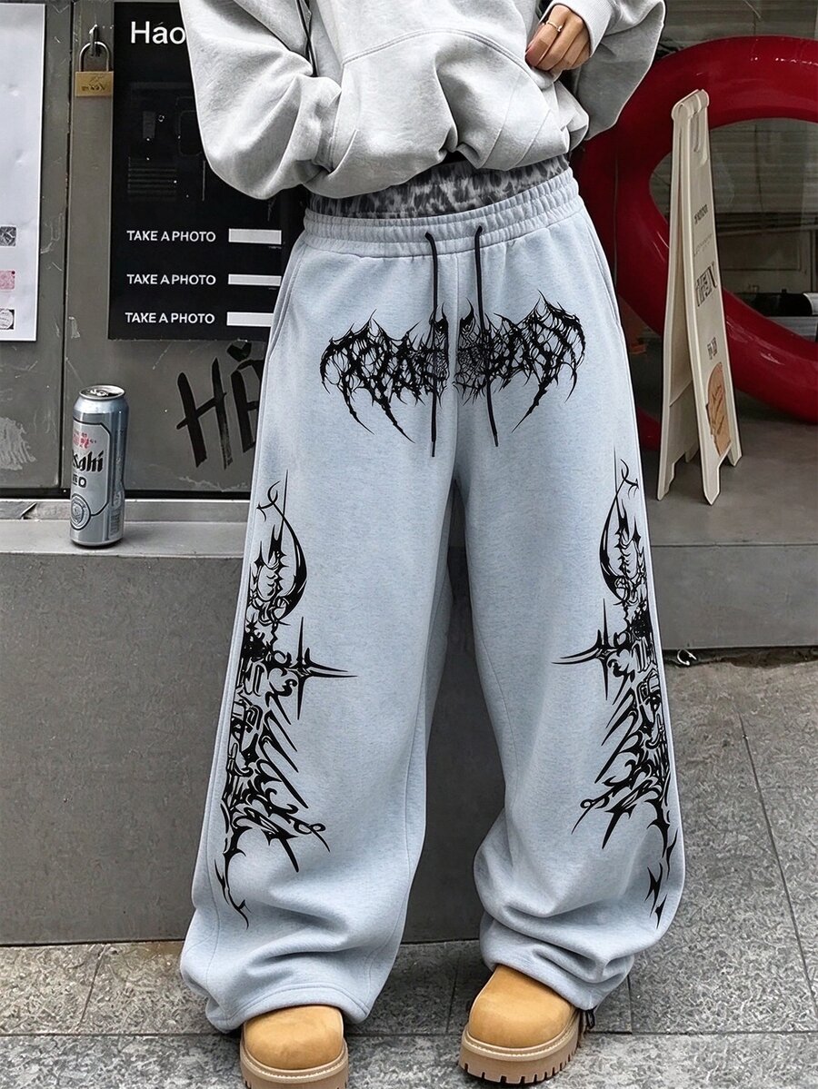Manfinity Roghcode 男士街頭哥德風雙腰直筒運動長褲,寬鬆版型,中性款,街頭休閒風舒適運動長褲 - 淺灰色 - 查看 1