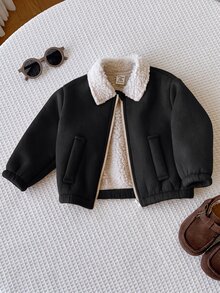 SHEIN 男嬰秋冬休閒翻領長袖保暖內裡加厚夾克外套，嬰兒夾克，保暖內裡夾克 - 黑色 - 查看 6