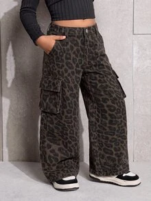 SHEIN 少女豹紋鈕扣工裝牛仔長褲 - 彩色 - 查看 4