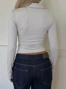SHEIN EZwear 1件女款白色針織修身長袖T恤，適合約會與日常穿著，秋季休閒優雅風 - 淺灰色 - 查看 2