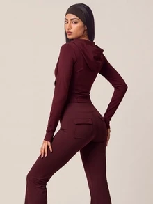 SHEIN BAE Women's Solid Color Drawstring Waist Casual Flare Leg Sports Pants - Burgundy - View 5