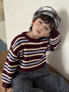 Dazy Kids Áo len tay dài cổ tròn kẻ sọc phong cách Hàn Quốc cho bé trai sơ sinh, mùa thu/đông - Đỏ - Xem 3