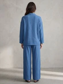 New Fashion Casual Retro Blue Basic Style Small Stand V-Neck Design With Button, Long Sleeve Matching Wide Leg Pants Set. Women's 2 Pieces Set - Blue - View 2