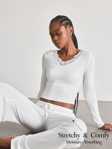 Ocili V-Neck Lace Trim Patchwork Long Sleeve & Drawstring Pants 2 Pieces Lounge Set, Comfortable Holiday Outfit, Autumn/Winter Clothing - White - View 1