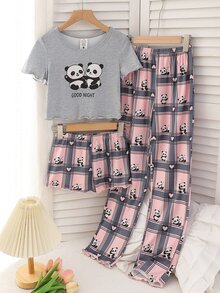 3pcs Tween Girl Koala Print Round Neck Short Sleeve Top, Plaid Elastic Waist Shorts/Pants Casual Pajama Set - Multicolor - View 3