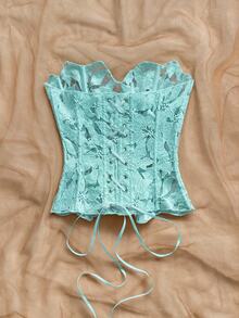 Soleia 浪漫休閒無肩帶蕾絲分層束胸上衣，鏤空刺繡，女款，夏季無胸墊，婚禮約會派對白色花卉 - 薄荷綠 - 查看 2