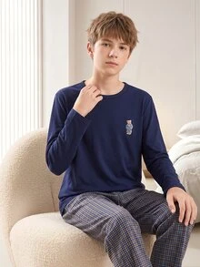 男童時尚簡約舒適親膚針織面料海軍藍多色卡通熊印花圓領長袖上衣與藍色梭織小格紋印花長褲兩件式睡衣家居服套裝 - 藏蓝色 - 查看 5