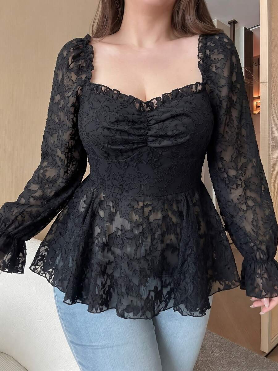 Vibekara New Elegant Sweet Chiffon & Contrast Lace Puff Sleeve Blouse, Frill Trim Cropped Shirt For Women, Slim Fit Fall - Black - View 1