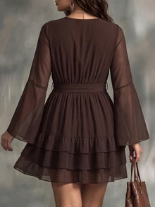 Linhara CURVE Plus-Size Women's V-Neck Chiffon Dark Brown Mini Dress, Flared Long Sleeves With Built-In Tie Belt, Multi-Layered Ruffled Hem, Elegant Party Dress And - Brown - View 2