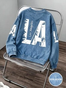 秋冬男童水洗丹寧印花藍色圓領衛衣，LA City 棕櫚樹圖案與 2 合 1 下擺設計，酷炫復古美式街頭風 - 彩色 - 查看 6