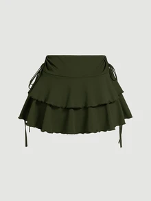 SHEIN Tall 抽繩腰蛋糕裙，適合高個女性，秋季日常派對酒吧穿著，黑色性感可愛 - 軍綠色 - 查看 2