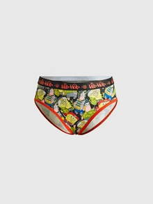 SpongeBob SquarePants | ROMWE Set Pakaian Dalam Kasual Wanita dengan Bra dan Celana Dalam Segitiga Motif Kartun - Hitam - View 7