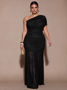 SHEIN BAE CURVE Plus Size Women's Green Asymmetrical Shoulder Pleated Dress - Black - View 1
