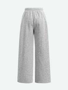 SHEIN Tween女孩童裝休閒街頭風針織淺灰色對比飾邊鬆腰側口袋寬腿運動長褲，四季皆宜 - 淺灰色 - 查看 5