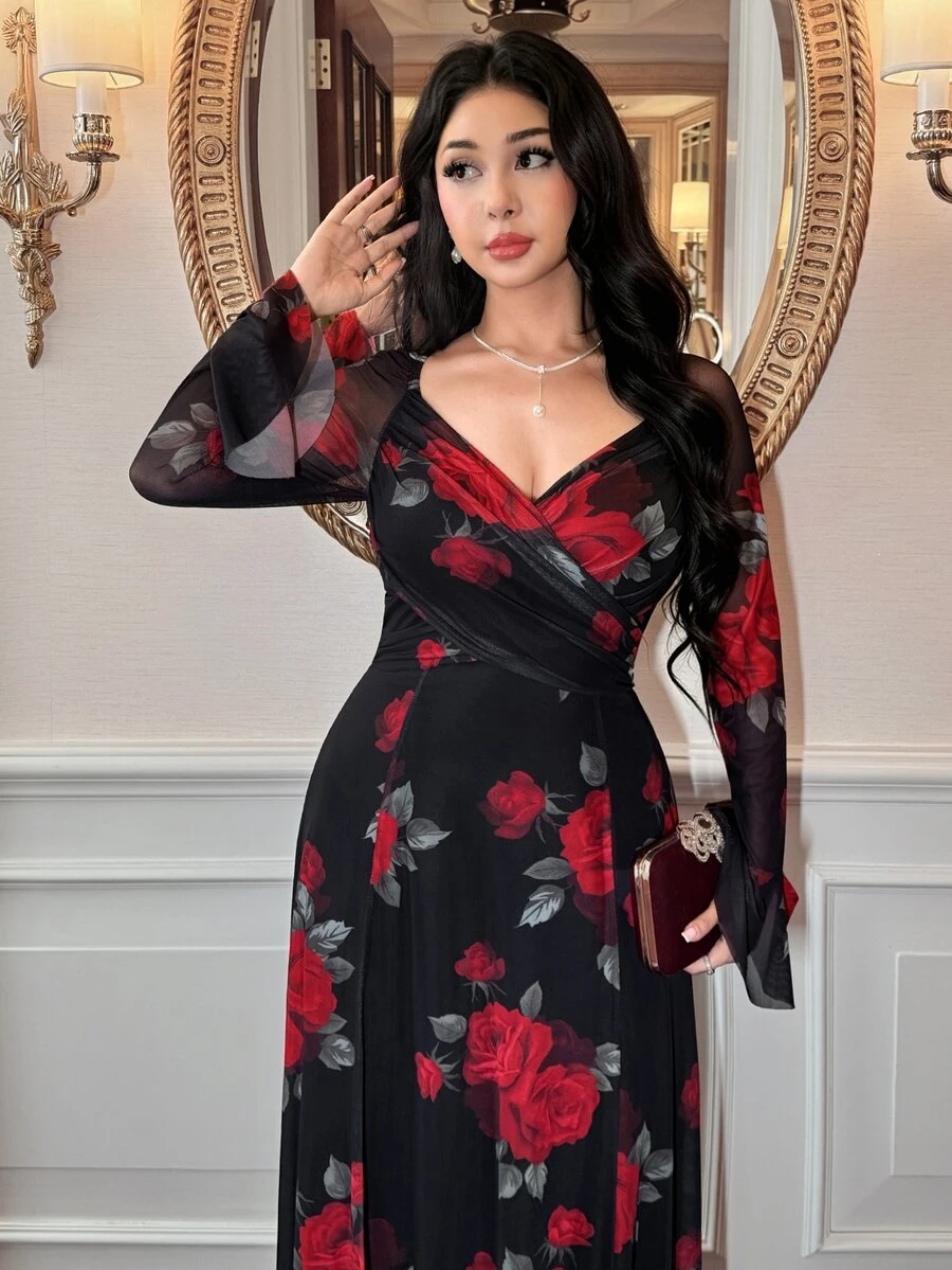 Feyla New Design V-Neck Criss-Cross Cinched Waist Elegant Printed Party Vacation Dress - Multicolor - View 1