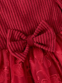 SHEIN 女嬰針織素色圓領拼接梭織網紗刺繡下擺休閒洋裝 - 紅色 - 查看 6