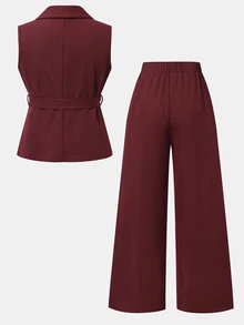 Tween Girl Knotted Waist Vest Jacket And Long Pants Casual Daily Outfit Set - Burgundy - View 2