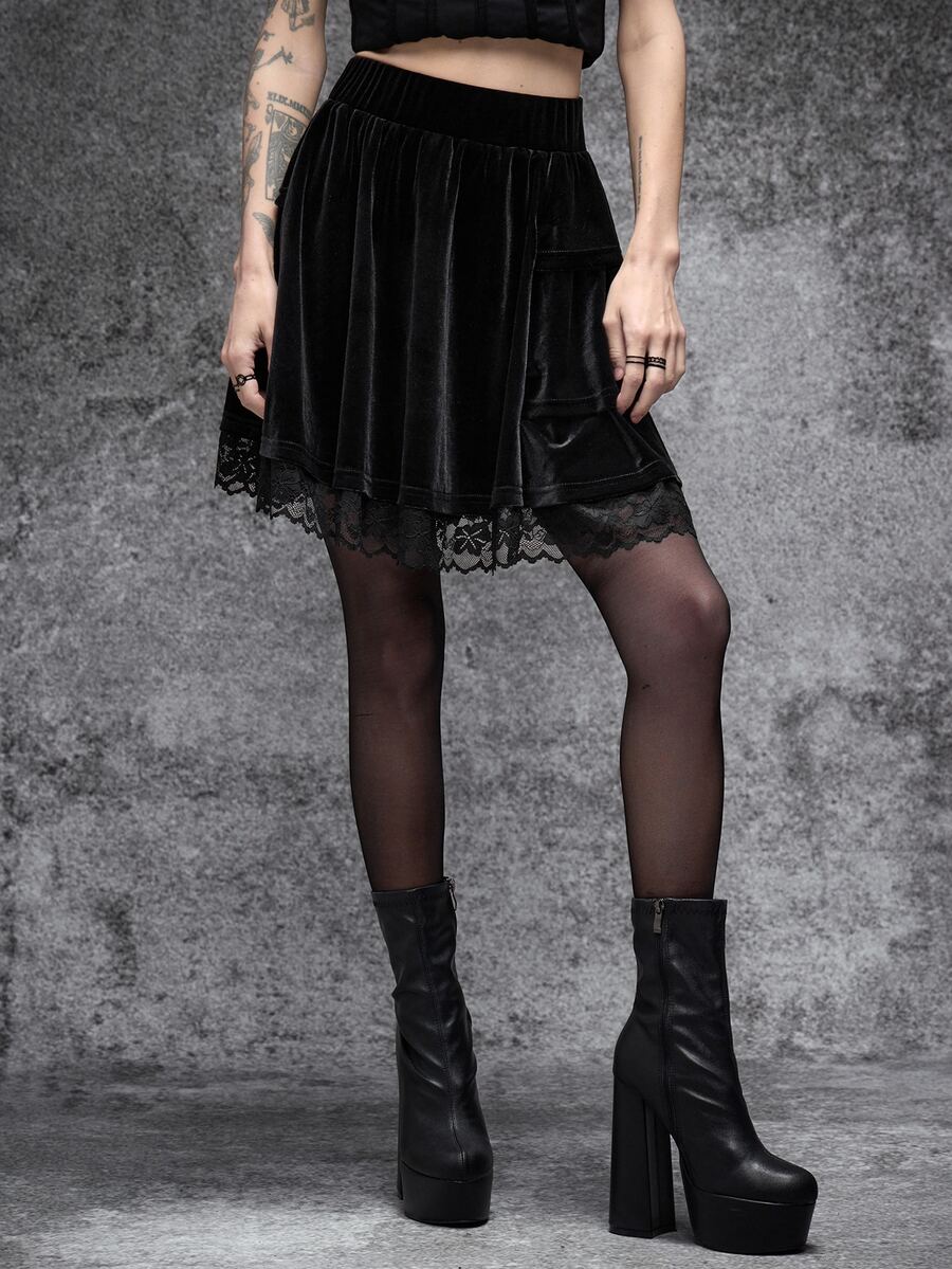 Cryptelle Women's Black Gothic Style Velvet Contrast Lace Short Mini Skirt Halloween Outfit Autumn/Winter - Black - View 1