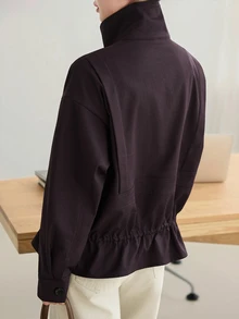 Dazy-Less Women's Purple Lapel Long Sleeve Button-Up Solid Color Loose Casual Versatile Regular Jacket, Autumn/Winter - Purple - View 2