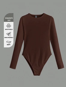 SHEIN BASICS 1件純色修身T恤連身衣/春夏女款日常居家服 白色極簡簡約基礎款 - 棕色 - 查看 8