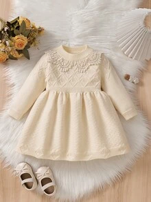 Baby Girl Round Neck Pleated Casual Daily Knit Dress - Beige - View 1