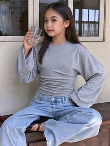 Tween Girl Solid Color Pleated Casual Daily T-Shirt - Grey - View 3