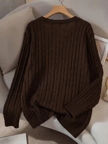 SHEIN LUNE 大尺碼女款純色V領休閒日常外出開襟羊毛衫 冬季 - 棕色 - 查看 2