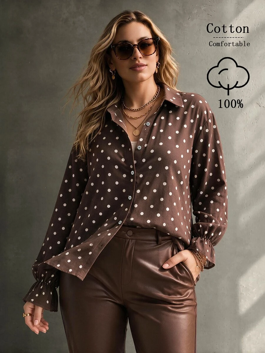 Ceyna Plus Brown Print Flounce Sleeve Shirt Office Business Fall Casual 80s - Brown - View 1