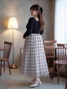 Bijouette Plus Size Cut Out Sweetheart Neck Rib Knit Plaid 2 In 1 Midi Dress,Afternoon Tea,Girls' Gathering,Cafe Ladylike,Brunch - Black - View 3