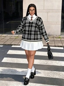 Maweii 大尺碼女款針織套頭衫，深V領，格紋圖案，黑/白，秋冬，休閒 - 彩色 - 查看 5