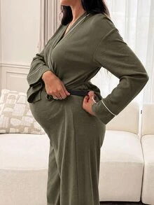 Slowluna 孕婦側結長袖上衣與長褲兩件套 秋季 - 軍綠色 - 查看 9