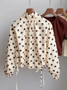 Comfortcana Jaket Siluet Polkadot Vintage Kuning Ukuran Besar Musim Gugur/Dingin dengan Ikatan di Depan - Kuning - View 4