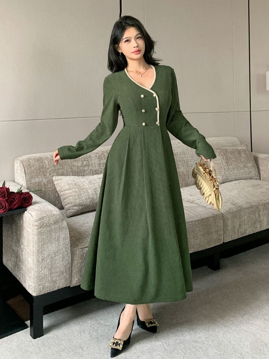 Feyla New French Vintage Contrast Trim Waist-Cinching A-Line Corduroy Long Dress - Green - View 1
