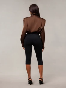 Radiana Sexy Elegant Fashion Dark Brown Satin Cropped Jacket Dinner Night Out - Coffee Brown - View 3