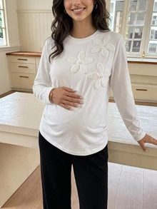 DAZY Floral Pattern Embroidered Loose Long Sleeve Crew Neck Casual Everyday Versatile Spring Autumn Maternity T-Shirt - White - View 4