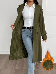 SHEIN PETITE 女款卡其色休閒開襟裝飾學院風風衣 - 軍綠色 - 查看 1