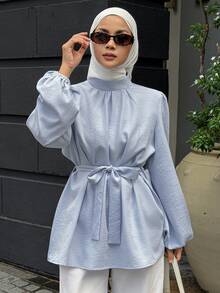DAZY Women's Solid Color Waist Tie Casual Versatile Daily Wear Blouse - Blue - View 4