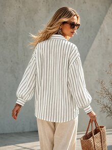 Ceyna Plus Striped Print Drop Shoulder Oversize Lantern Sleeve Shirt Fall - White - View 2
