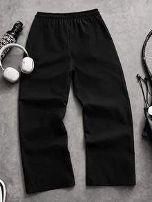 Streetwear Colorblock All-Season Versatile Boys Long Pants, Patchwork Print, Straight Leg Drawstring Casual Pants For Mid-To-Tween Boy, Comfortable Fabric And Novel Style, Suitable For Daily Casual And Outdoor Wear - Black - View 2