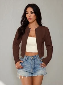 SHEIN PETITE 女款素色休閒百搭日常外出長袖開襟衫 - 咖啡棕 - 查看 5