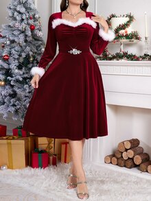 SHEIN Clasi Plus Size Women's Plush Patchwork Rhinestone Decor Casual Party Dress - Burgundy - View 5