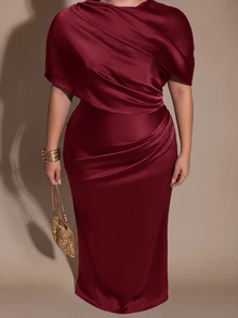 SHEIN BAE CURVE Plus Size Women's Elegant Brown Ruched Wrap Dress With Fishtail Hem Christmas - Burgundy - View 4